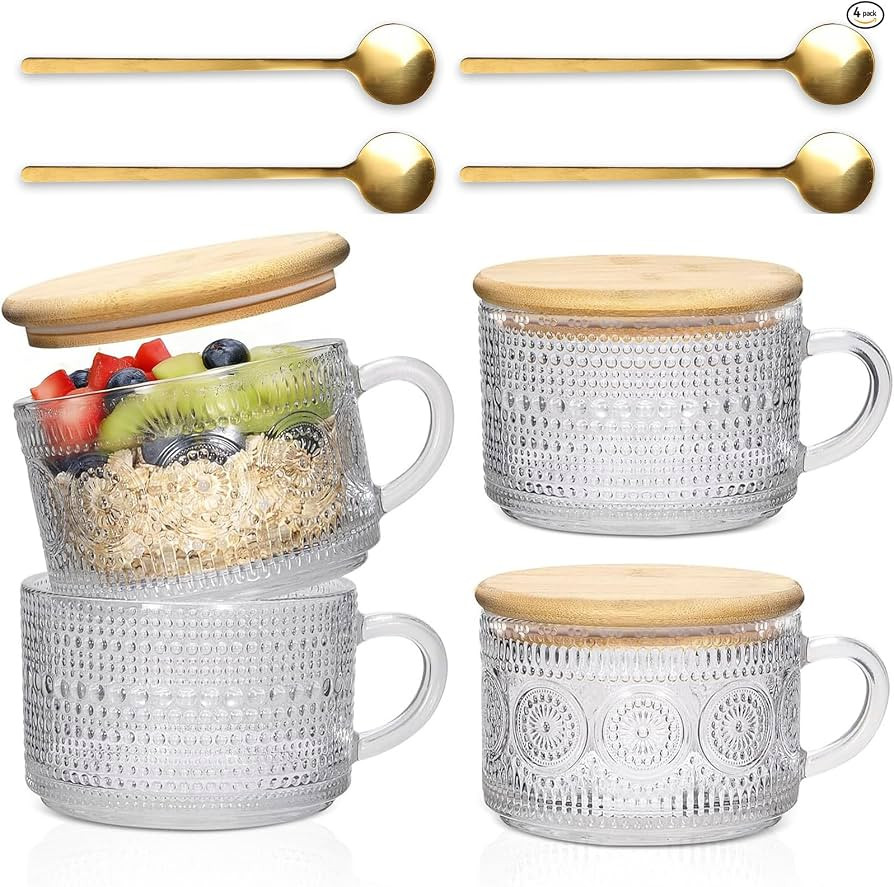 Vintage Coffee Mugs 4pcs Set, 14 Oz Glass Coffee Cups Gifts for Women, Overnight Oats containers ... | Amazon (US)