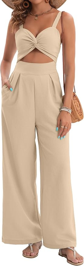 Womens Summer Jumpsuits Dressy Sexy V Neck Twist One Piece Outfits Sleeveless Casual Wide Leg Lon... | Amazon (US)