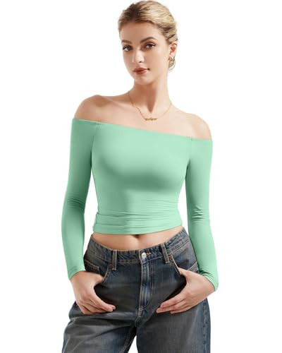 SUUKSESS Women Off The Shoulder Double Lined Long Sleeve Shirts Fitted Y2k Basic Going Out Tops (Aqua, XS) | Amazon (US)