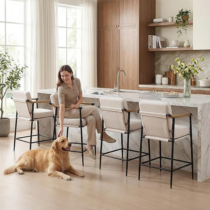 LukeAlon Linen Counter Height Bar Stools Set of 4, Upholstered 26" Seat Height Mid Century Modern... | Amazon (US)