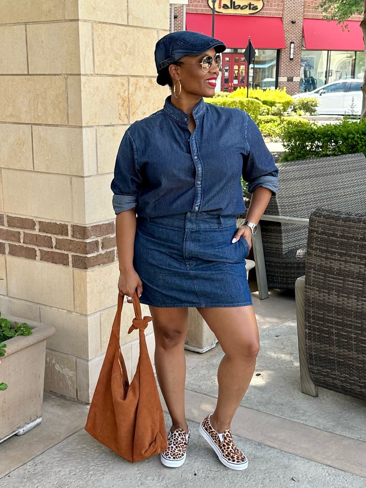 Denim on Denim Casual Outfit!
Denim mini skirt, denim long sleeve button up and denim hat is a summer vibe! 💙 #denimondenim #denimskirt #express 

#LTKstyletip #LTKcurves #LTKunder50