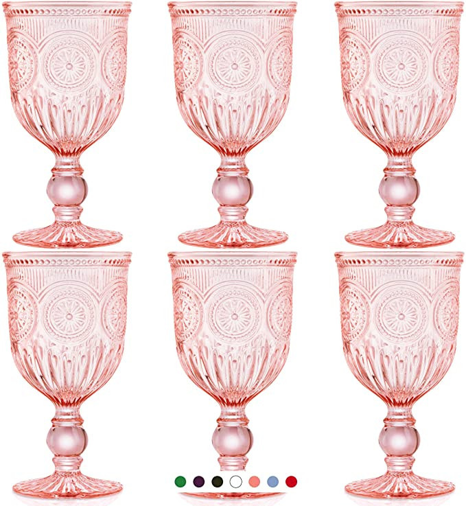 Yungala Pink Wine Glasses set of 6 pink goblets, dishwasher safe colored pink glassware, vintage ... | Amazon (US)