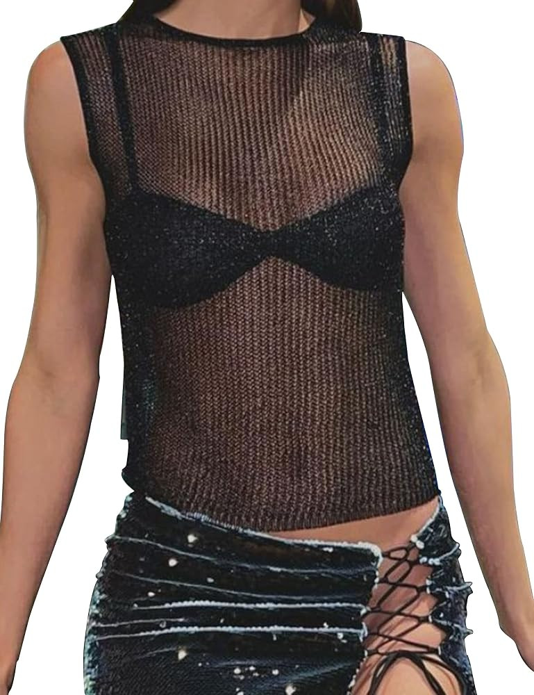 Meladyan Women Sexy Fishnet Knit Glittering Crop Tank Going Out Top Sheer Mesh Sleeveless Crewnec... | Amazon (US)