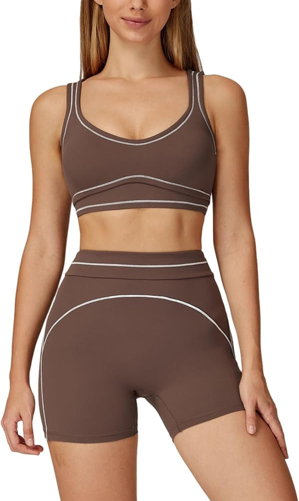 Two Piece Workout Sets for Women Color Block Sports Bra and High Waist Shorts Gym Yoga Active Wea... | Amazon (US)