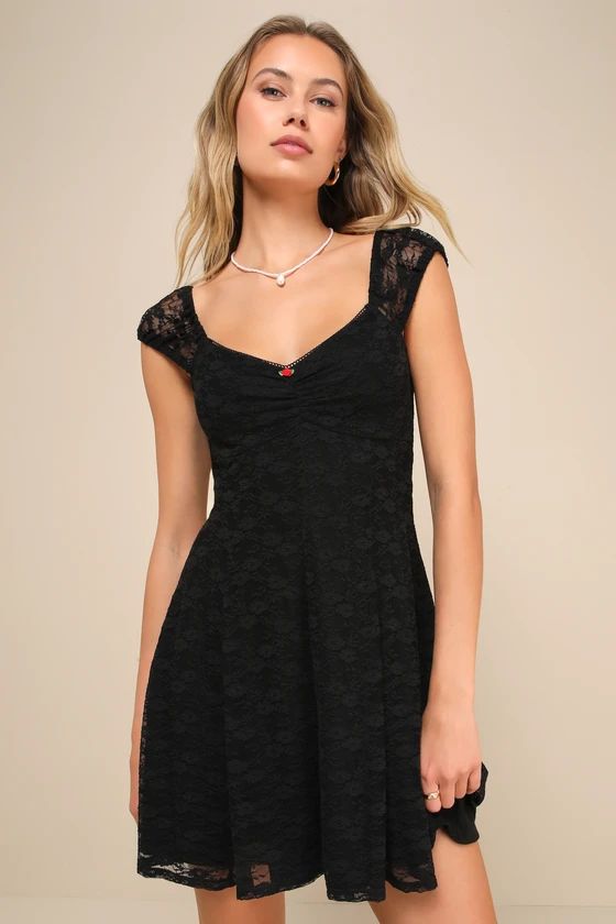 Black Floral Lace Rosette Cap Sleeve Mini Dress | Black Dress Casual | Black Dress Summer  | Lulus