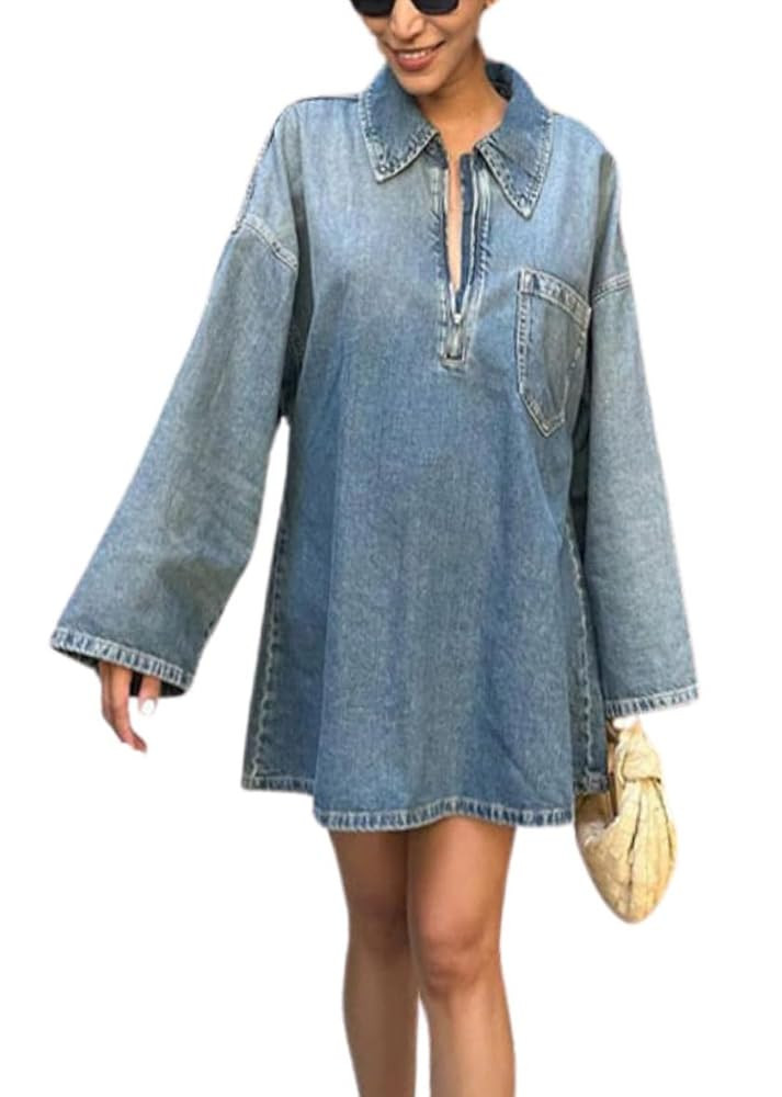 utcoco Women 2024 Fashion Fall Long Sleeve Denim Mini Dress 1/4 Zip Up Short Jean Dresses with Po... | Amazon (US)