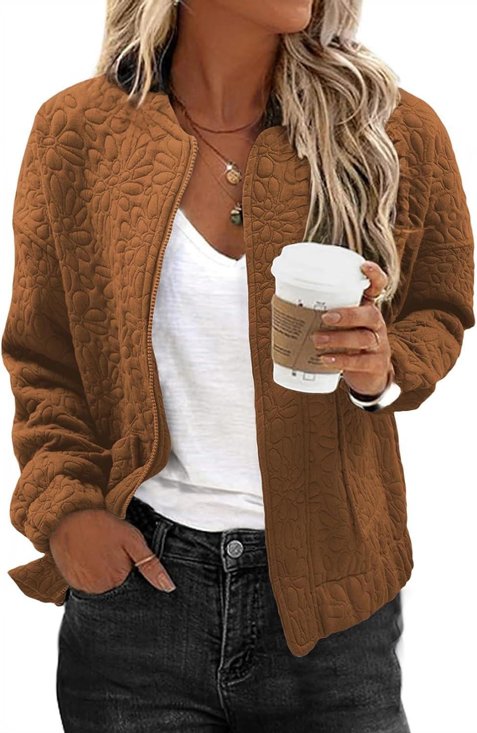 EVALESS Bomber Jacket Women Jacquard Zip Up Coat with Pockets | Amazon (US)
