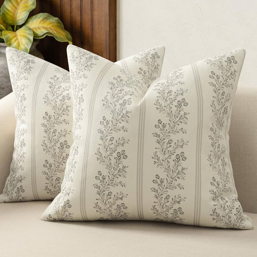 Vintage Throw Pillow Covers 16x16 Set of 2, Striped Floral Pillow Cover Botanical Patterned Decor... | Amazon (US)