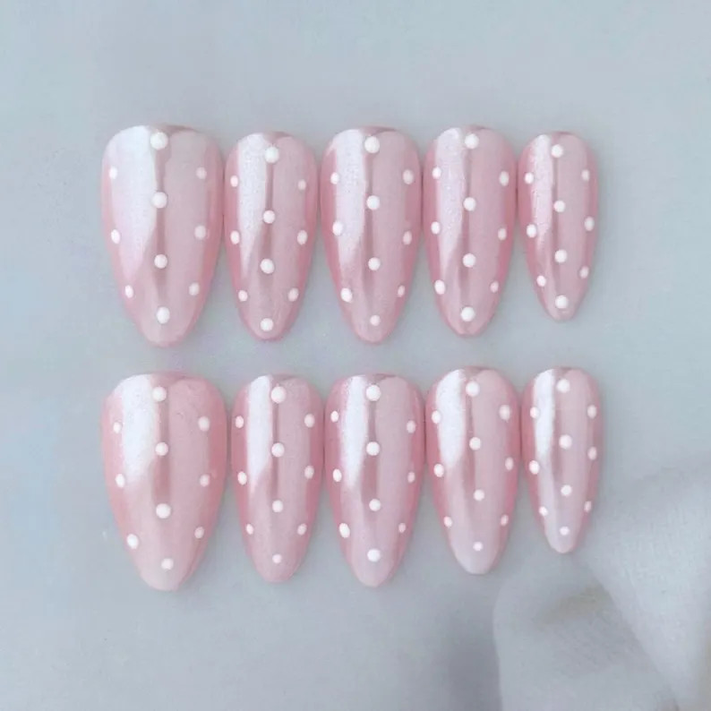 Glazed Polka Dot Press On Nail Soft Pink Chrome White Dot Design Almond Shape Handmade Reusable T... | Etsy (US)