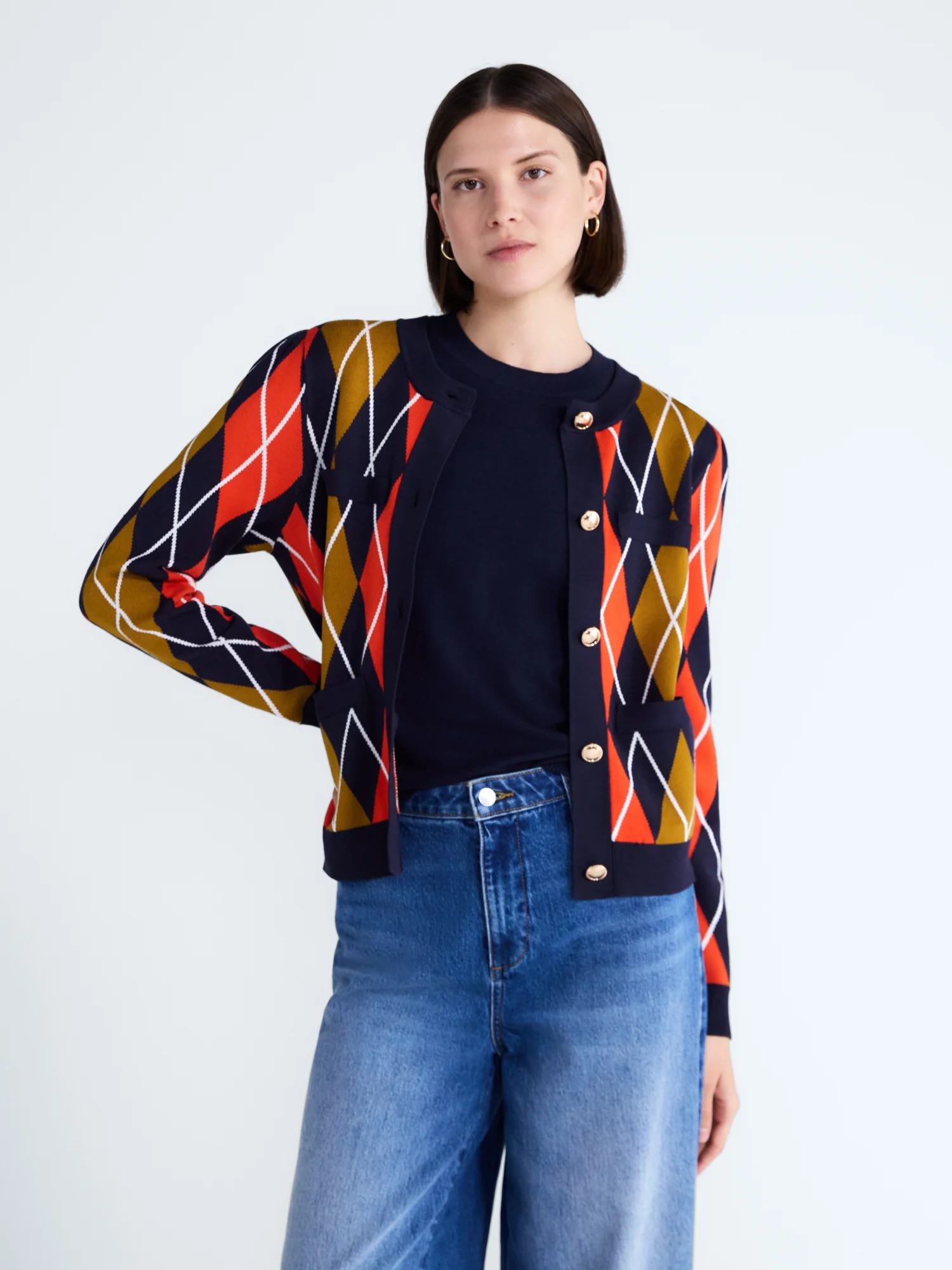 Free Assembly Women's Argyle Cardigan Sweater with Puff Sleeves, Midweight, Sizes XS-XXL | Walmart (US)