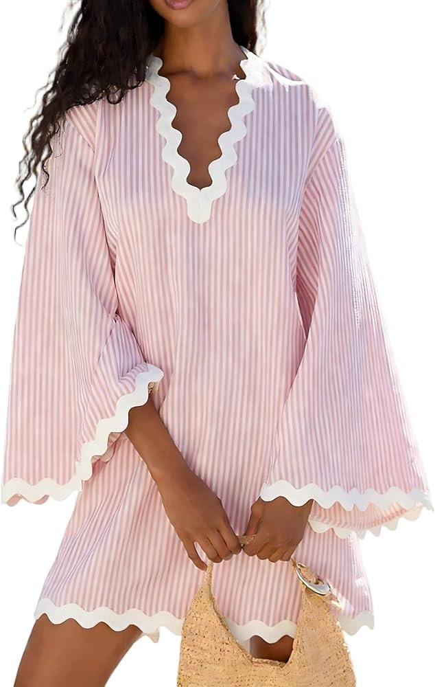 VAOYIU Women's Boho Striped V-Neck Dress Flowy Bell Sleeves Cover Up with Wavy Trim Beach Resort ... | Amazon (US)