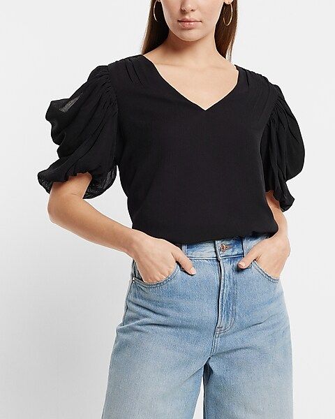 V-Neck Puff Draped Short Sleeve Top | Express