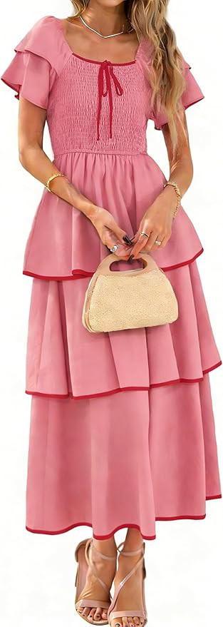 BerryGo Womens Summer Flowy Wedding Guest Long Dress Smocked Tiered Boho Casual Short Sleeve Squa... | Amazon (US)