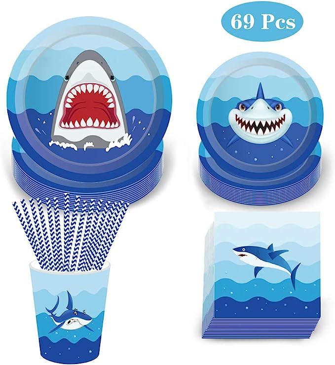 69 Pack Shark Disposable Tableware, DreamJ Shark Party Supplies with Shark Plates,Napkins, Cups a... | Amazon (US)