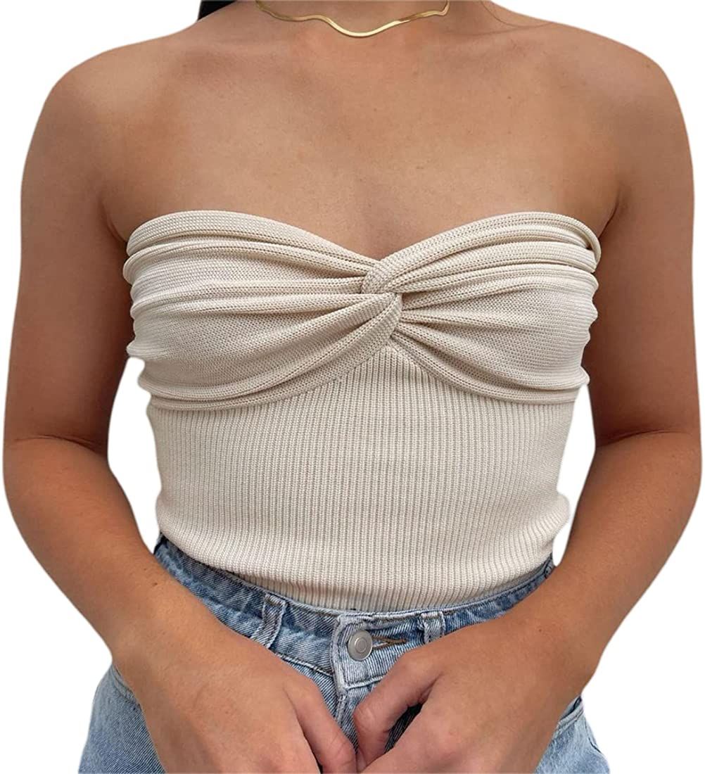 Womens Strapless Sexy Knit Tube Crop Top with Twist Knot Front Summer Cute Going Out Tops | Amazon (US)