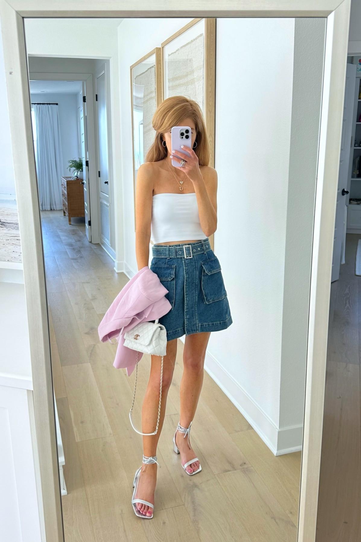Love this cargo denim skirt, white tube top, silver sandals (on sale) for spring! 

#LTKunder100 #LTKsalealert #LTKshoecrush
