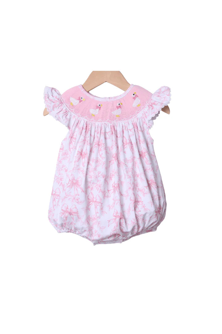 Smocked Silly Goose Pink Bow Toile Bubble | The Smocked Flamingo
