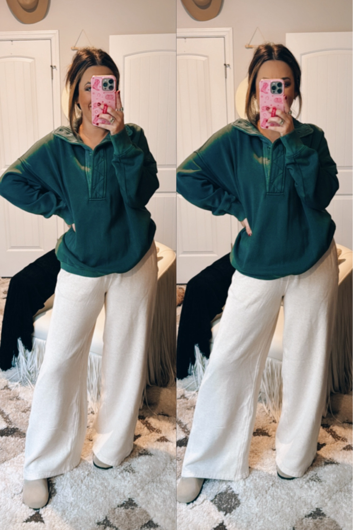 Aerie sweatpants and sweatshirt is a two out of 10 so comfy oversize you can mix mix and match pieces. I have the flare sweatpants on and color and I’ll evergreen 1/4 snap pull over. I’m wearing a medium and both I am very tall for a girl I’m a 58 so the pants are perfect length but deathly what a done medium.