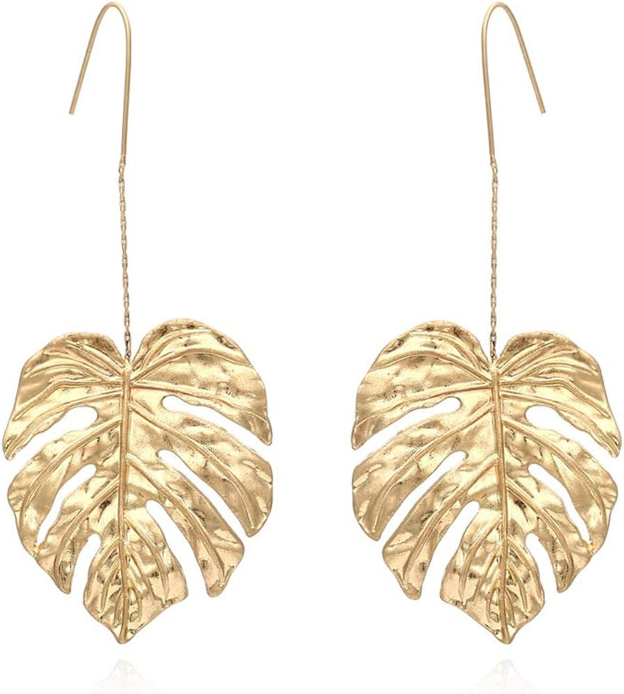 Mountainer Bohemian Hollow Palm Leaf Long Chain Dangle Earrings Vintage Monstera Leaves Metal Drop E | Amazon (US)