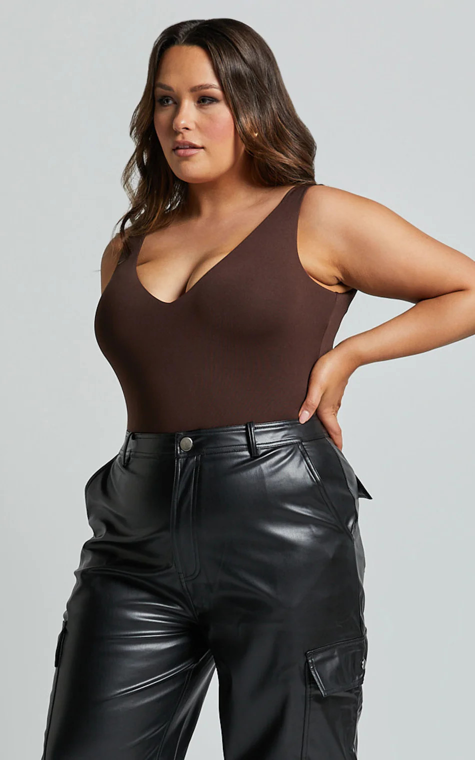 Kerrie Bodysuit - V Neck Bodysuit in Chocolate | Showpo (US, UK & Europe)