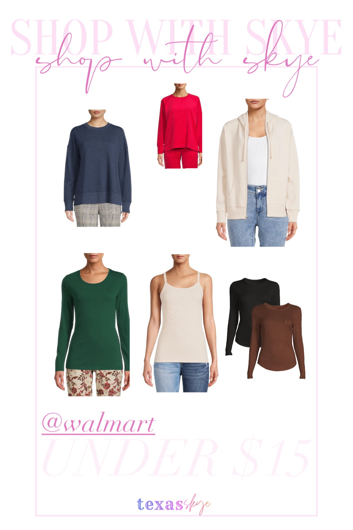 Walmart fashion finds! 

SIZING RECOMMENDATIONS:
Blue sweater- recommend sizing up at least one 
Cami - TTS
long sleeve set of 2 - TTS


#LTKunder50