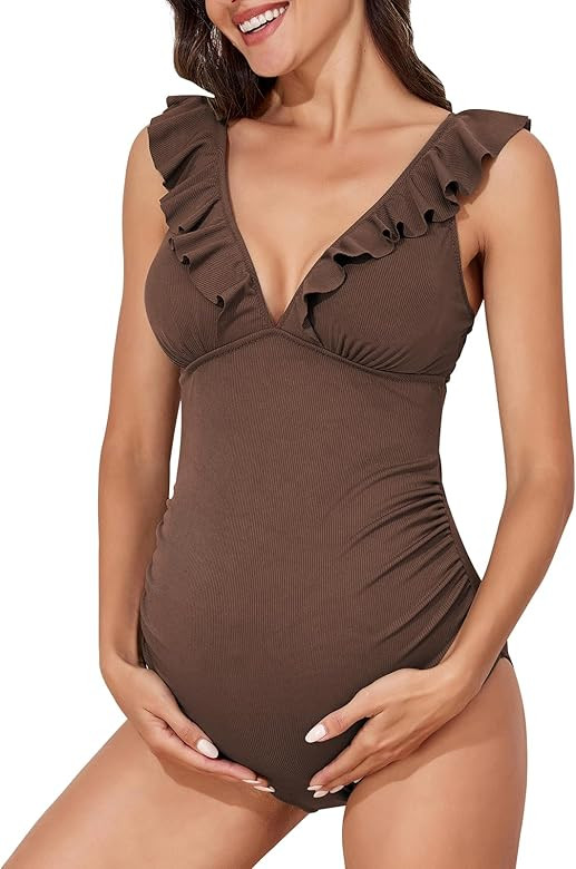 Summer Mae Ruffle Maternity Swimsuit One Piece V-Neck Pregnancy Bathing Suit Lace Up Swimwear Pus... | Amazon (US)