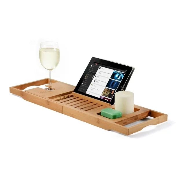 Bambusi Bamboo Bathtub Tray With Extending Sides, Reading Rack, Tablet Holder, Cellphone Tray & I... | Walmart (US)