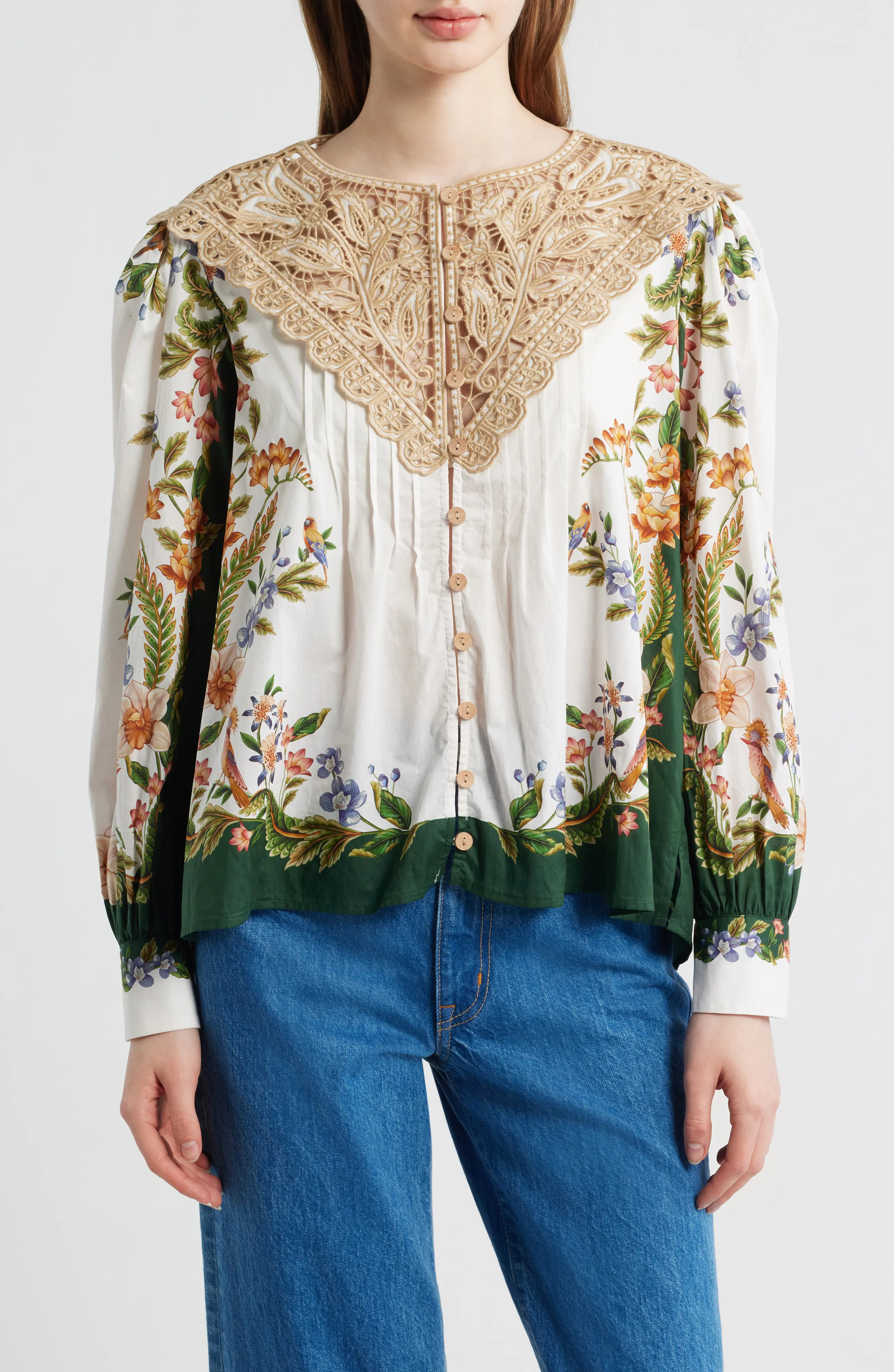 FARM Rio Sand Nature Lace Yoke Button-Up Shirt in Nature Sand at Nordstrom, Size X-Large | Nordstrom