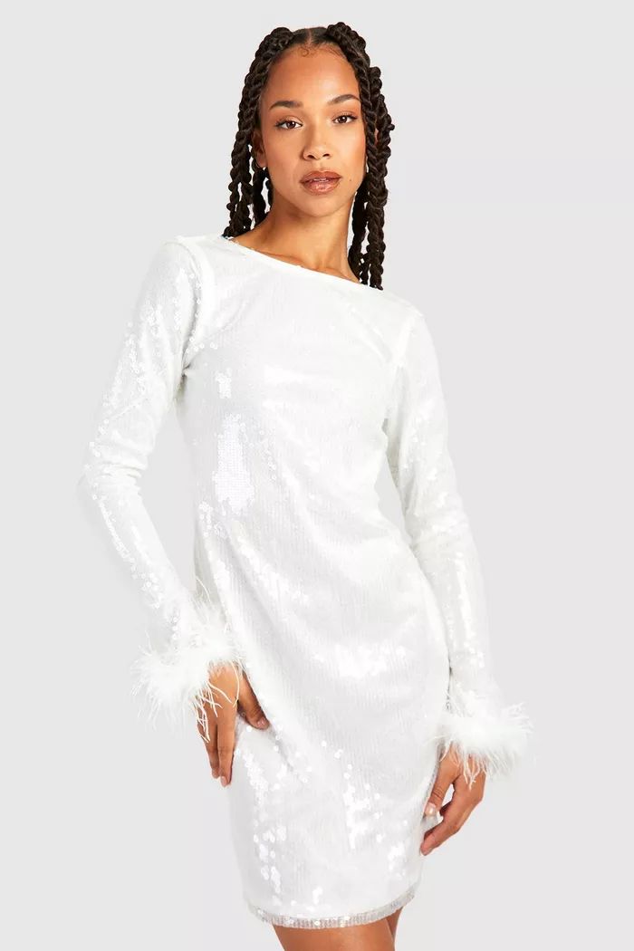 Tall Sequin Fluffy Feather Trim Mini Dress | boohoo (US & Canada)