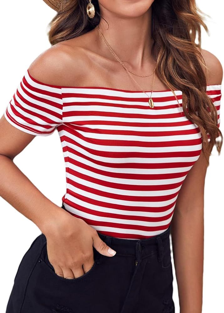Women's Short Sleeve Vogue Fitted Off Shoulder Modal Blouse Top T-Shirt (Medium, Red Stripe) at A... | Amazon (US)