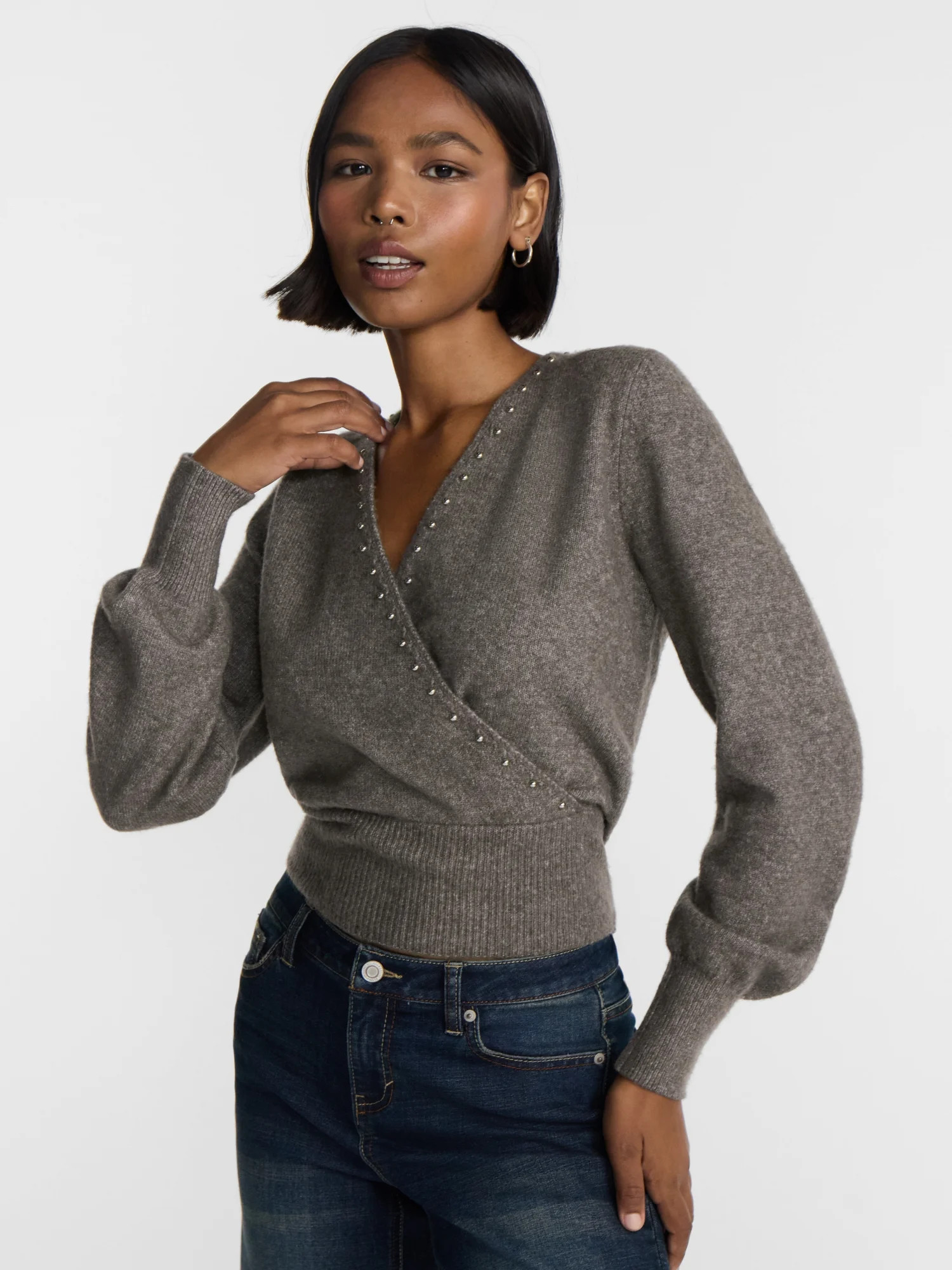 No Boundaries Surplice Pullover with Studs, Women’s XXS-XXL | Walmart (US)