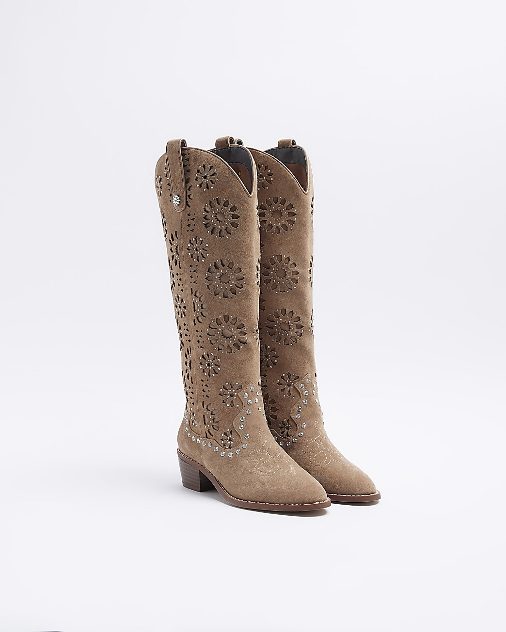 Beige Suede High Leg Cut Out Western Boot | River Island (UK & IE)