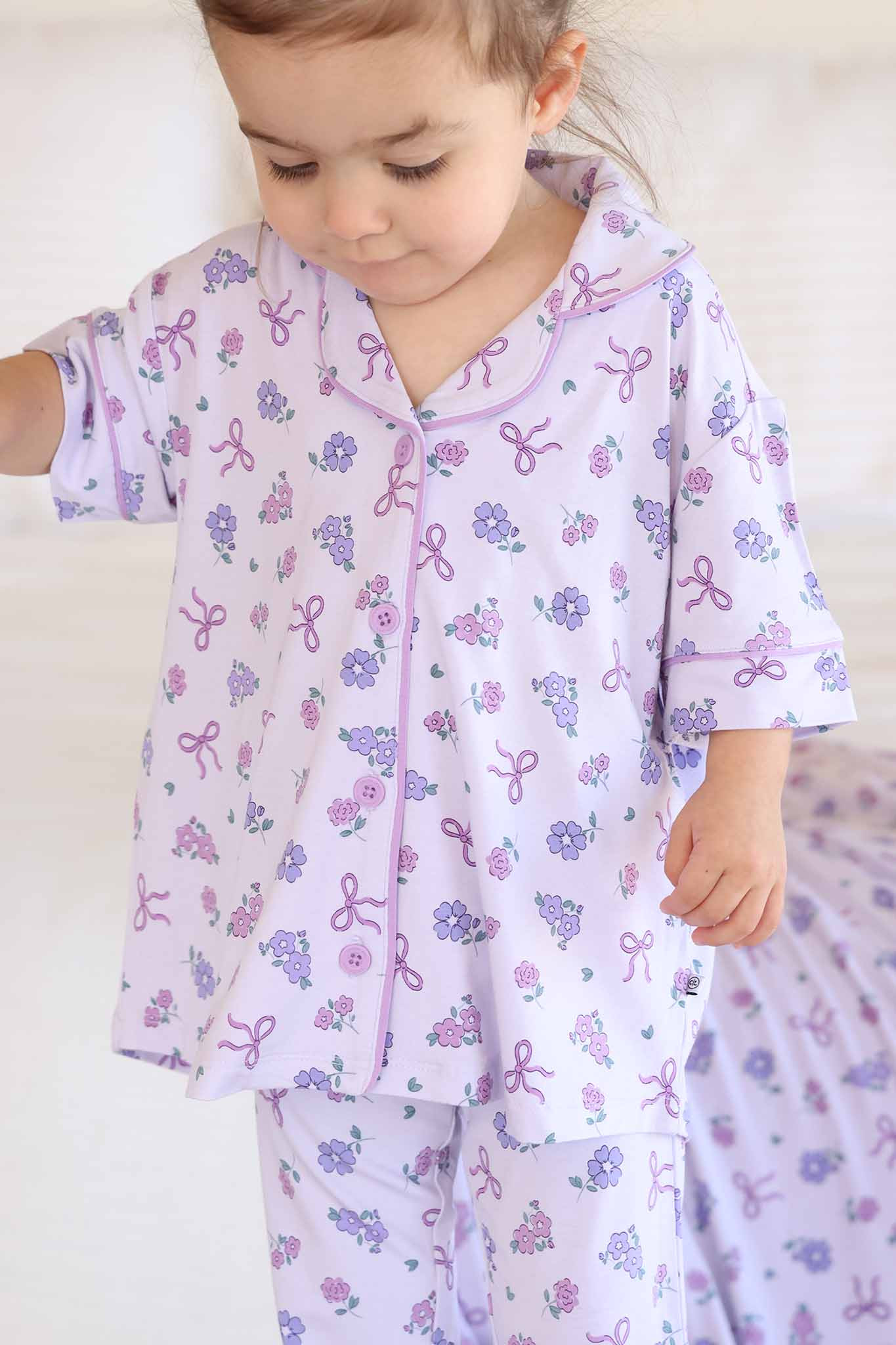 Girl's Two Piece Flare Lounge Set | Ribbon & Roses Purple | Caden Lane