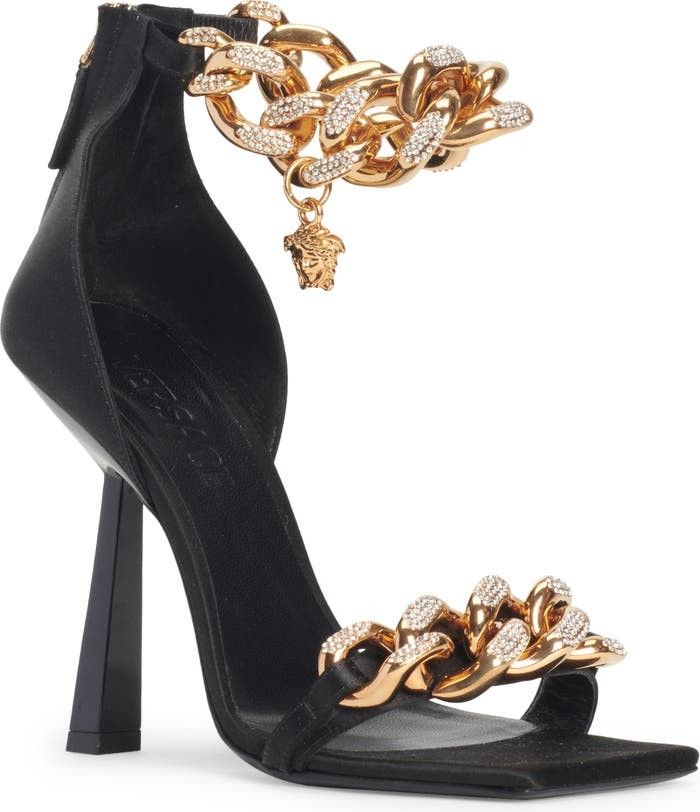 Versace Medusa Chain Square Toe Sandal Black Shoes Black Sandal Sandals 2022 High Heels Outfit | Nordstrom