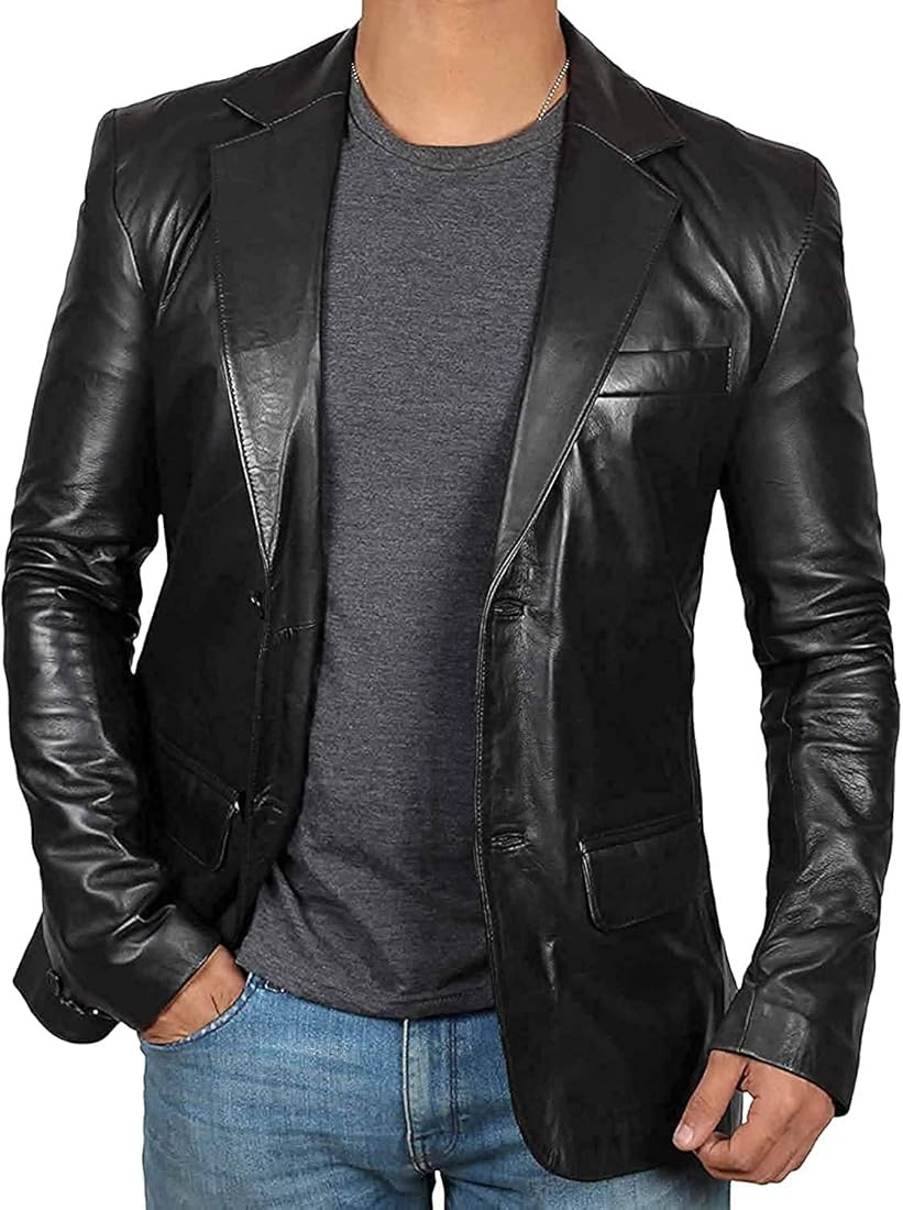 fjackets Leather Blazer For Men - Black & Brown Real Lambskin Casual Men's Leather Jacket Coats | Amazon (US)