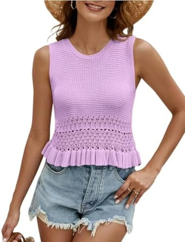 CiCiBird Women Cute Crop Sweaters Vest Knit Sleeveless Pullover Tops Crochet Ruffle Hem Tank | Amazon (US)