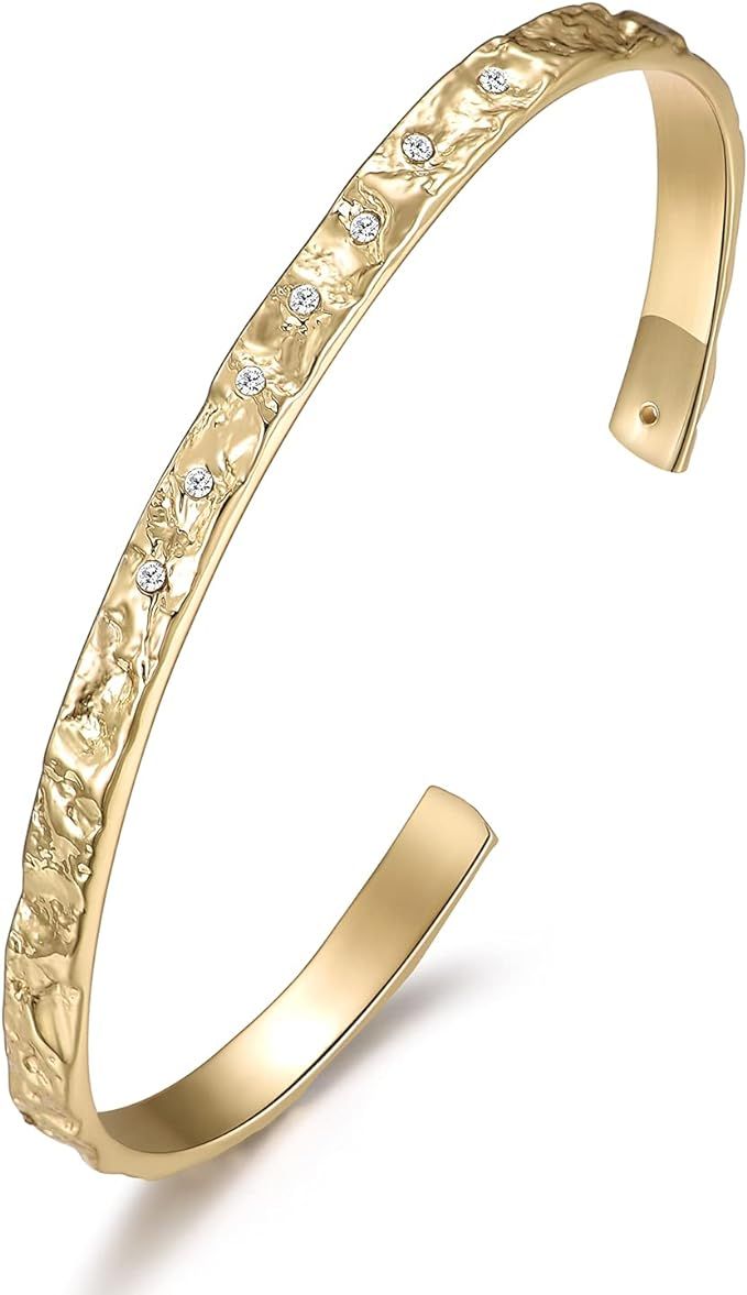 YKKZART 5mm Wide Gold Cuff Bracelets for Women,Hammered Amber Cuff Slim Bangle,Love Bracelet Gift... | Amazon (US)