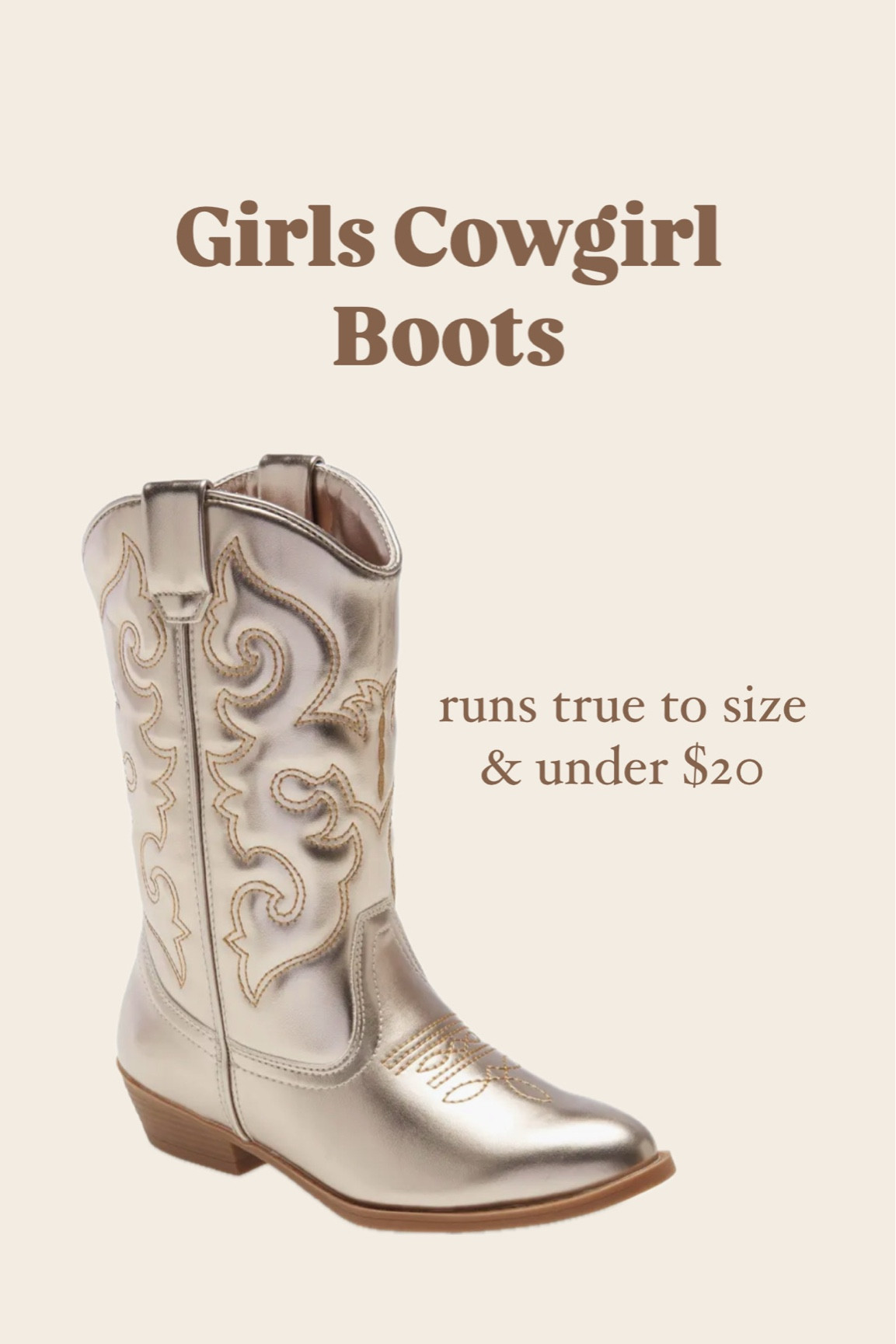 Love these adorable champagne gold cowgirl boots for my little girl! They run true to size and are currently on sale for under $20! 

#LTKSaleAlert #LTKFindsUnder50 #LTKKids