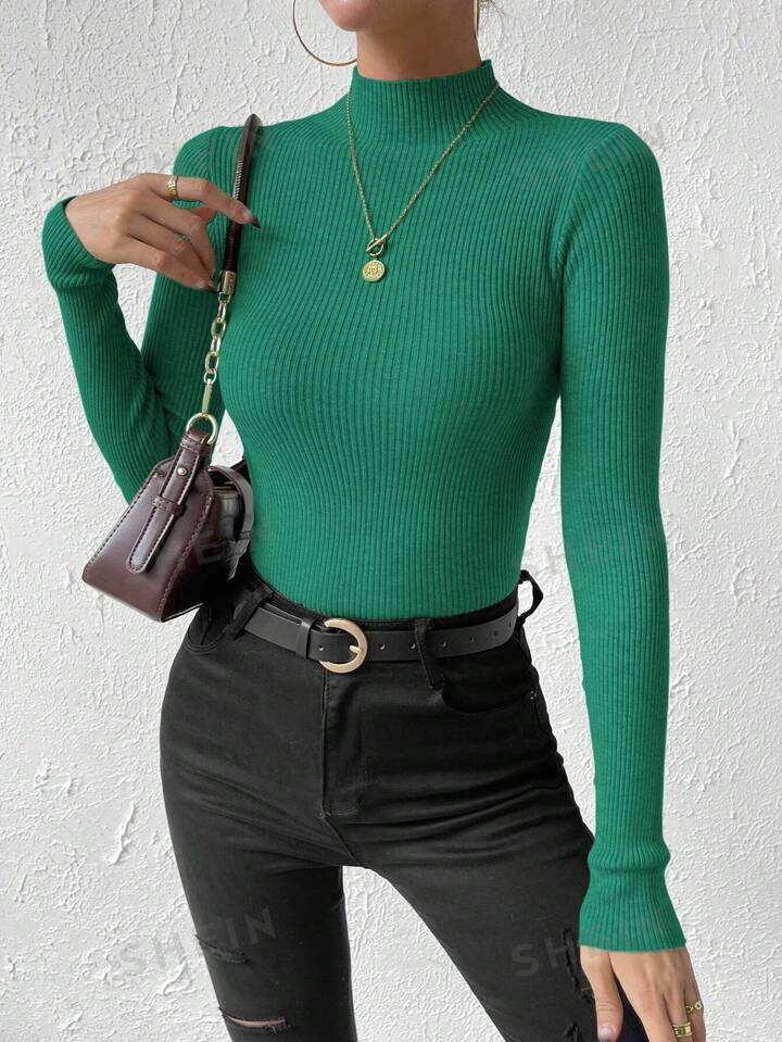 SHEIN Essnce Stand Collar Long Sleeve Slim Fit Sweater, Pullover | SHEIN