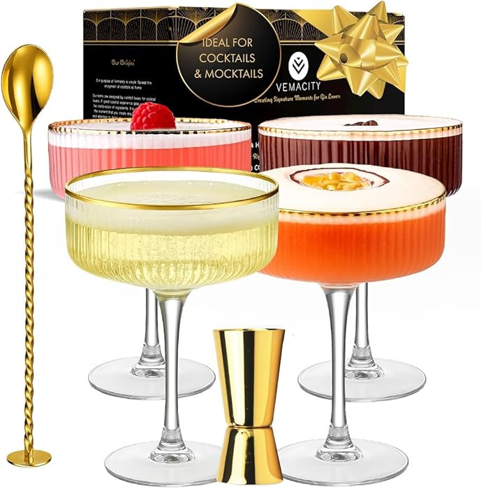 VEMACITY - Ribbed Espresso Martini Glasses Set of 4 with Gold Rims - Vintage Cocktail Glasses for... | Amazon (US)