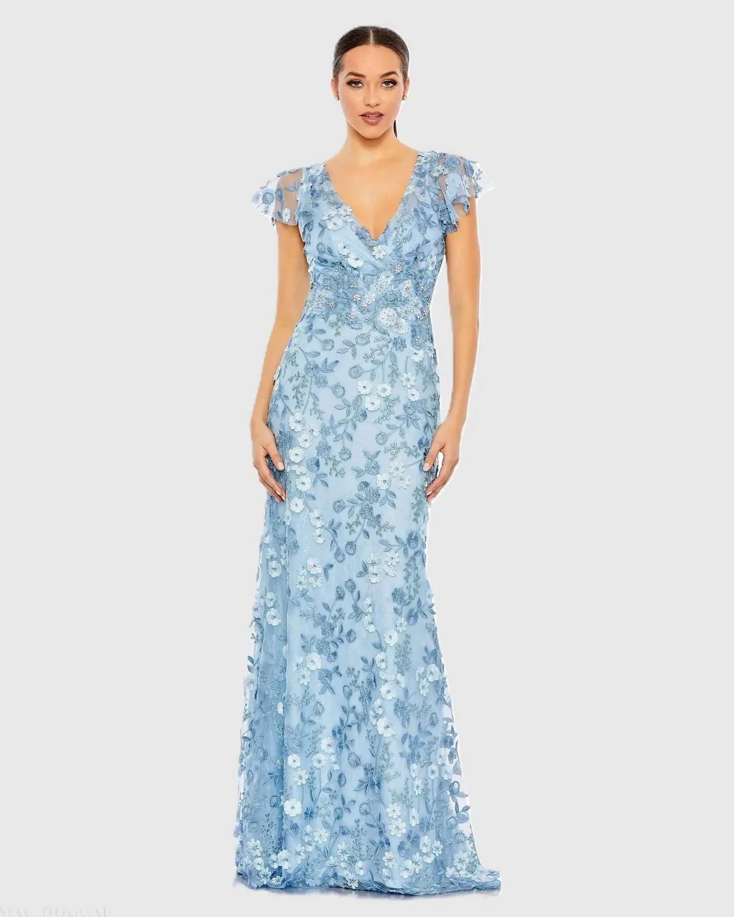 Blue Embroidered Applique Wrap Over Flutter Sleeve Gown - Mac Duggal | Mac Duggal