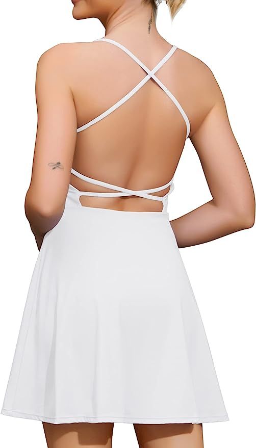 Rigolla Tennis Dress Women Cami Dresses Built in Bra & Shorts Solid Backless Fitness Outdoor Voll... | Amazon (US)
