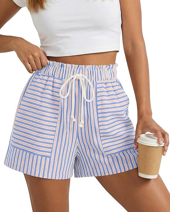 BTFBM Striped Summer Shorts for Women 2026 Loose Spring Casual Elastic Waist Lounge Resort Wear V... | Amazon (US)