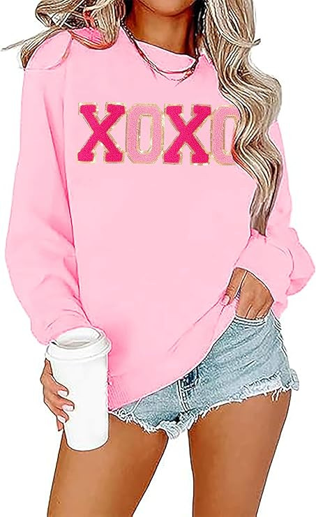 Valentine Sweatshirt Women Glitter XOXO Chenille Patch Pullover Top Novelty Valentine's Day Long ... | Amazon (US)