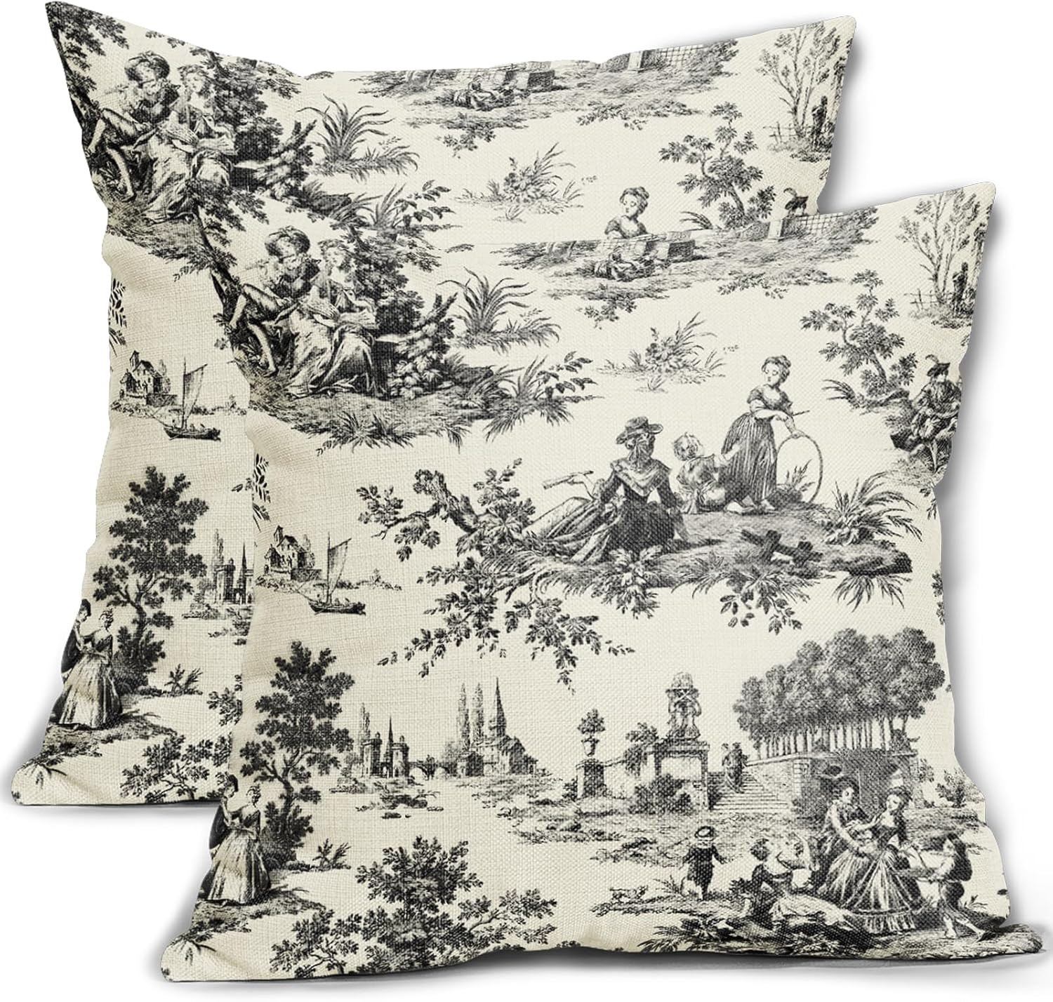 Black French Country Pillow Covers 20x20 Inch Set of 2 Toile Vintage Print Cream Decorative Pillo... | Amazon (US)