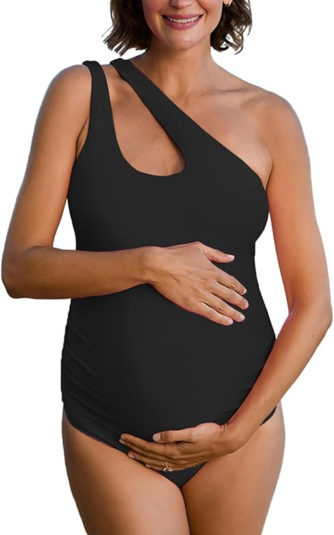 Summer Mae Maternity One Piece Swimsuit Cutout Pregnancy Bathing Suit One Shoulder Monokini | Amazon (US)