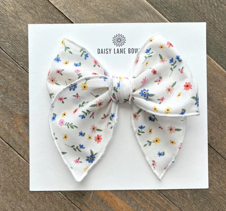 Spring Floral Bow: Cream Fabric, Pink Blue Yellow Flowers - Etsy | Etsy (US)