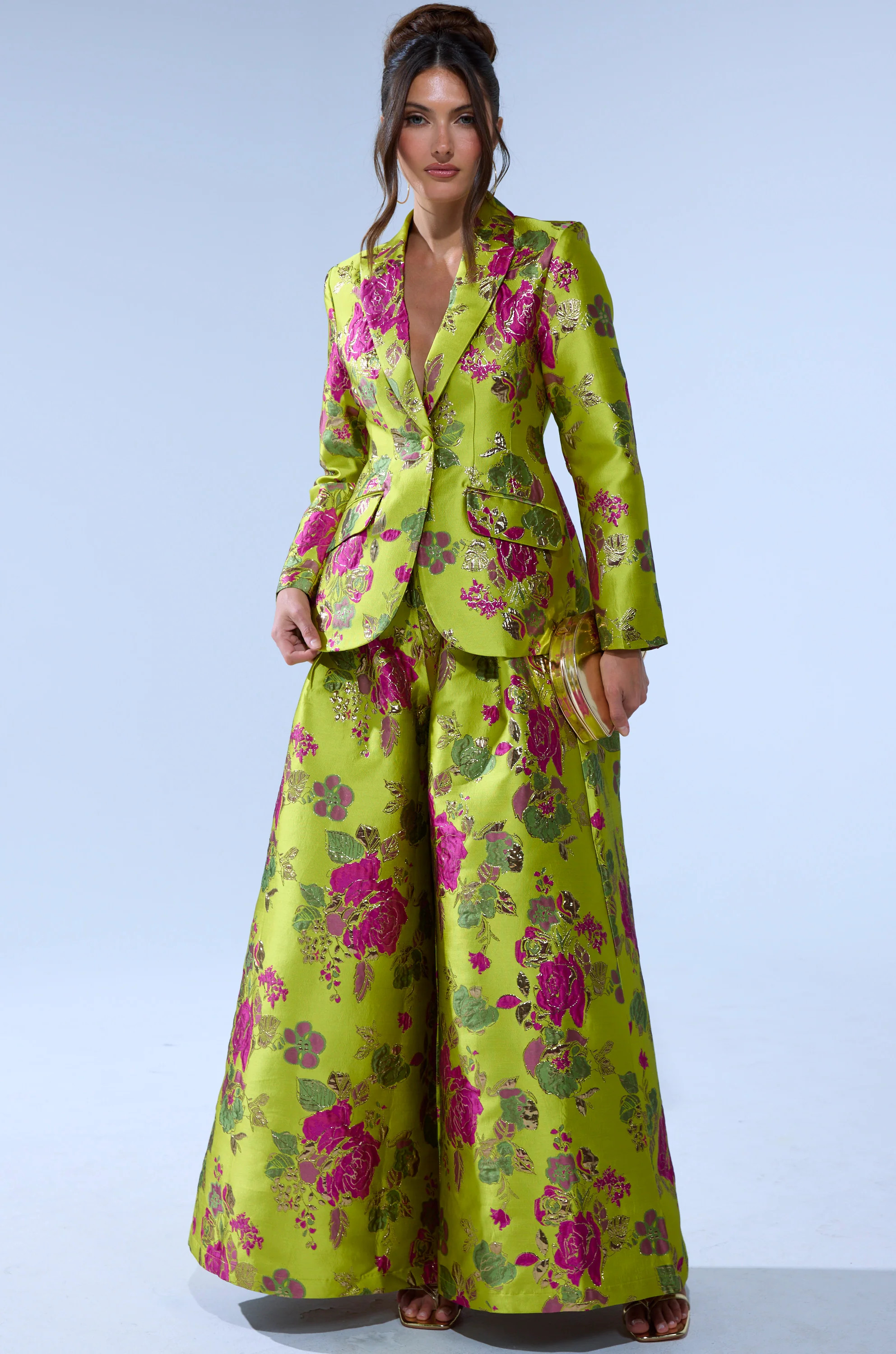BUY MYSELF FLOWERS BROCADE TROUSER IN LIME | AKIRA