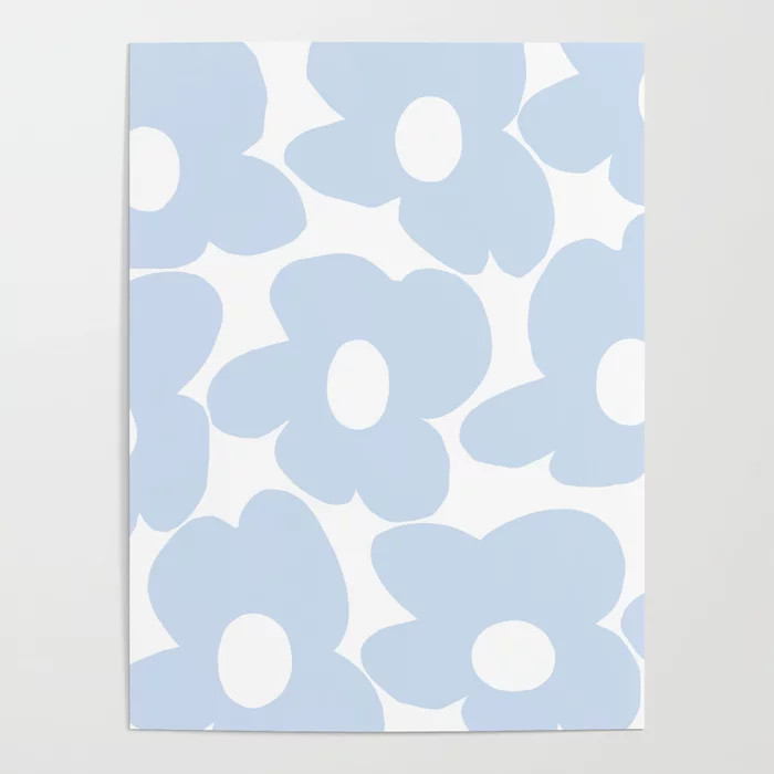 Large Baby Blue Retro Flowers White Background #decor #society6 #buyart Poster | Society6