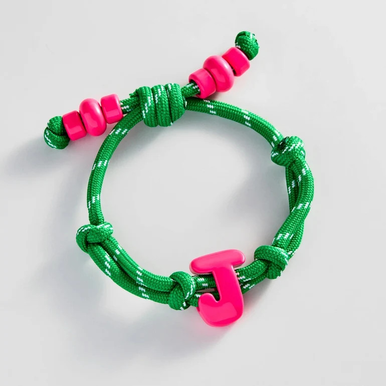 Knotty Enamel Initial Custom Bracelet - Green/Pink Single Letter | BaubleBar